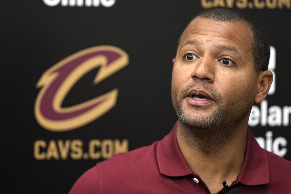 Koby Altman, president of basketball operations for the Cleveland Cavaliers, answers a question at a news conference in Brecksville, Ohio, Friday, May 24, 2024. (AP Photo/Sue Ogrocki)