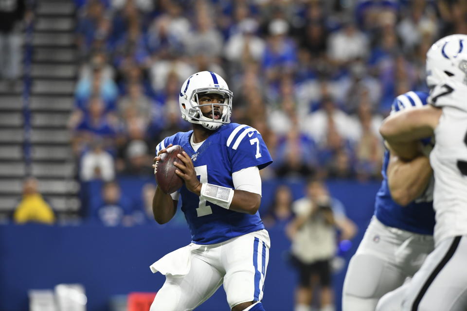 during the first half of an NFL football game in Indianapolis, Sunday, Sept. 29, 2019. (AP Photo/Doug McSchooler)