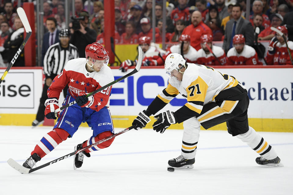 Washington Capitals center Lars Eller (20), of Denmark, and Pittsburgh Penguins center Evgeni Malkin (71), of Russia, battle for the puck during the second period of an NHL hockey game, Sunday, Feb. 2, 2020, in Washington. (AP Photo/Nick Wass)