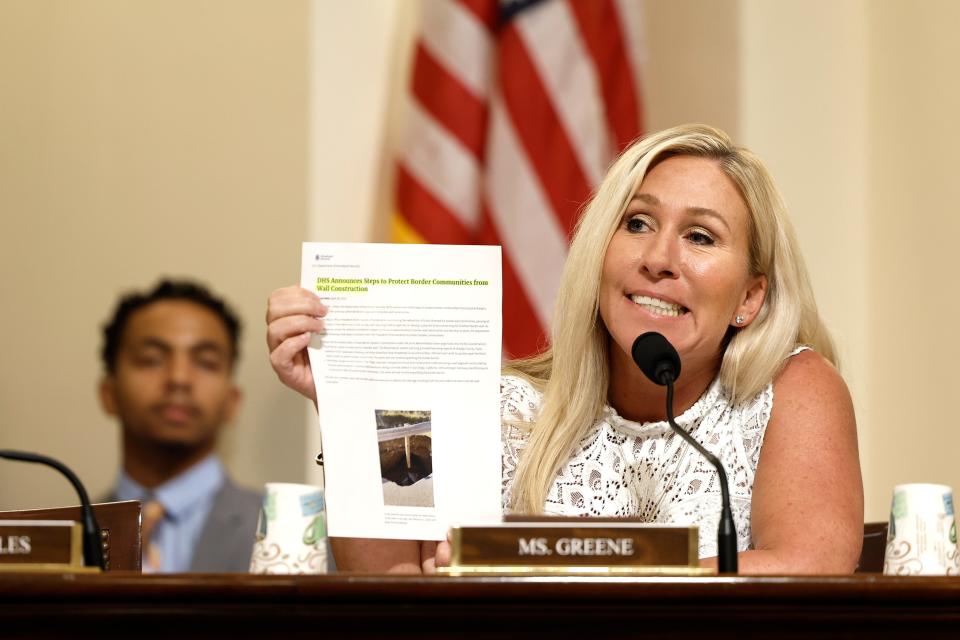 Rep. Marjorie Taylor Greene (R-GA) speaks during a joint Homeland Security subcommittee hearing on Capitol Hill on July 18, 2023 in Washington, DC. Members of the subcommittee on Border Security and Enforcement and Oversight, Investigations, and Accountability.