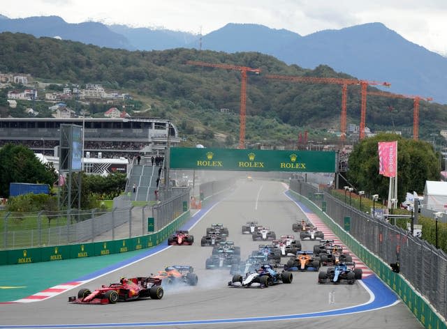 Ferrari’s Carlos Sainz Jr. leads into the first corner at the start of the Russian Formula One Grand Prix