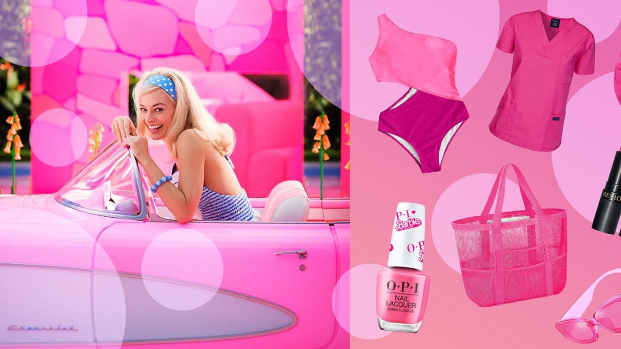 margot robbie in the 2023 barbie movie, accessories to be barbie for halloween such as pink swimsuits, scrunchies, lipstick, scrubs, bags, nail polish, sunglasses, and more