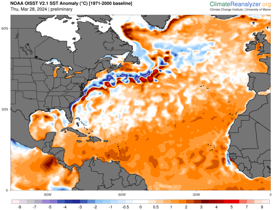 Sea surface temperatures in the Atlantic region where hurricanes typically form have been warmer than normal, as seen in this sea surface temperature anomaly map built by the Climate Change Institute at the University of Maine with NOAA data.
