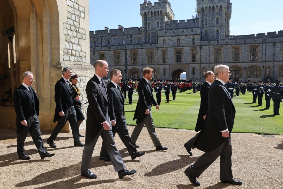 The royal children and grandchildren, including Prince William and Prince Harry, walked on foot behind the Land Rover carrying Prince Philip's coffin.