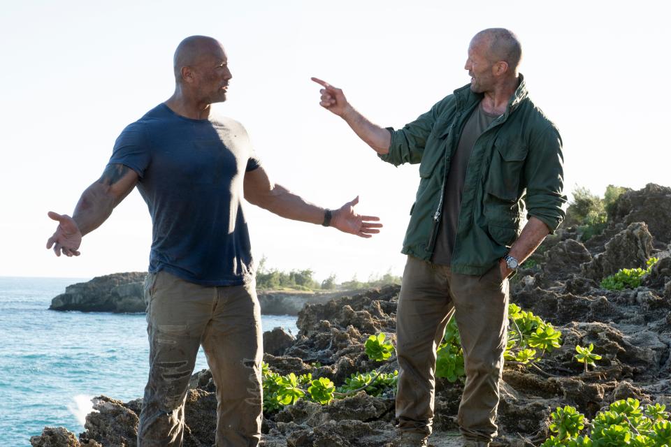 Johnson (left) knows he's onto something when he can make stone-faced Statham laugh during a scene.