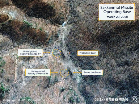 A Digital Globe satellite image taken on March 29, 2018 shows what the Washington, D.C.-based Center for Strategic and International Studies (CSIS) Beyond Parallel project reports is an undeclared missile operating base at Sakkanmol, North Korea and provided to Reuters on November 12, 2018. CSIS/Beyond Parallel/DigitalGlobe 2018/Handout via REUTERS