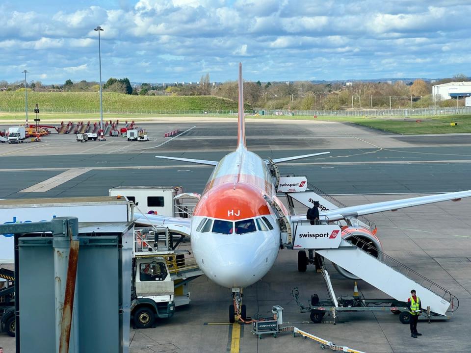 Just arrived: an easyJet Airbus A320 at Birmingham airport (Simon Calder)