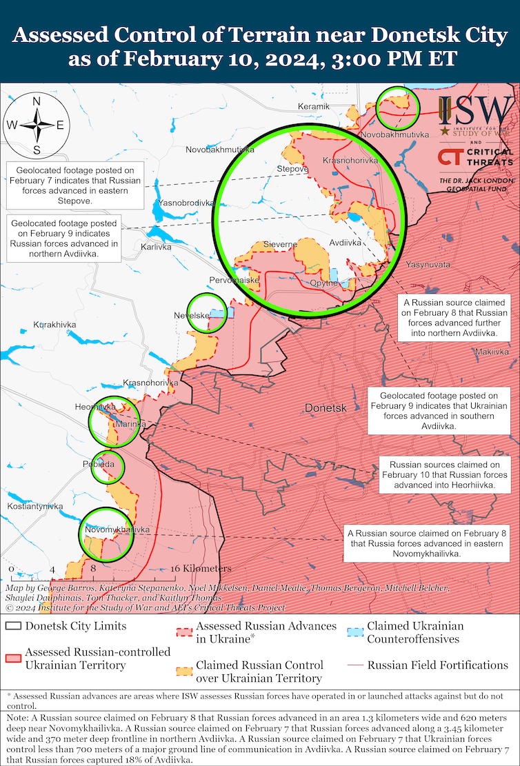 Map of the battlefront in eastern Ukraine showing heavy fighting along a long frontline.