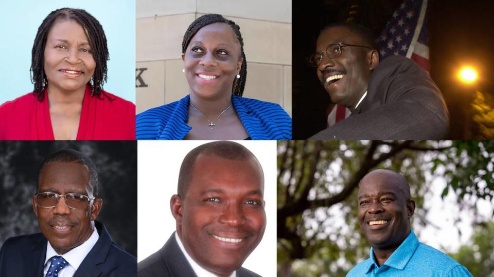 Seis candidatos al escaño del Distrito 2 del Condado Miami-Dade en 2022, de arriba a la izquierda: Marleine Bastien, Monique Barley-Mayo, Joe Celestin; de abajo a la izquierda a la derecha: William Clark, Philippe Bien-Aime, Wallace Aristide.