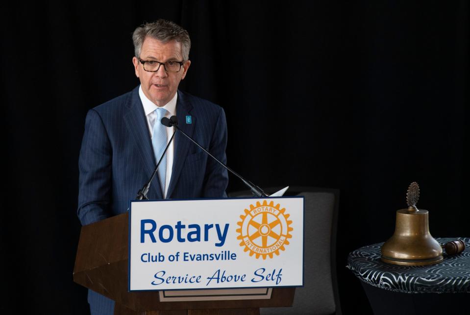 Evansville Mayor Lloyd Winnecke gives his final State of the City speech to the Rotary Club of Evansville at Bally's Evansville Tuesday afternoon, April 4, 2023.