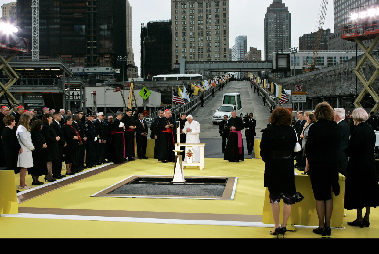 Benedict XVI Sunday pleaded for an end to sectarian hatreds as he became the first pontiff to pray at Ground Zero, the site where nearly 3,000 people died in the September 11, 2001 attacks.  (Kathy Willens / AFP via Getty Images file)