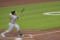 Oakland Athletics' Ramon Laureano watches his solo home run during the fifth inning of the team's baseball game against the Baltimore Orioles, Friday, April 23, 2021, in Baltimore. (AP Photo/Tommy Gilligan)