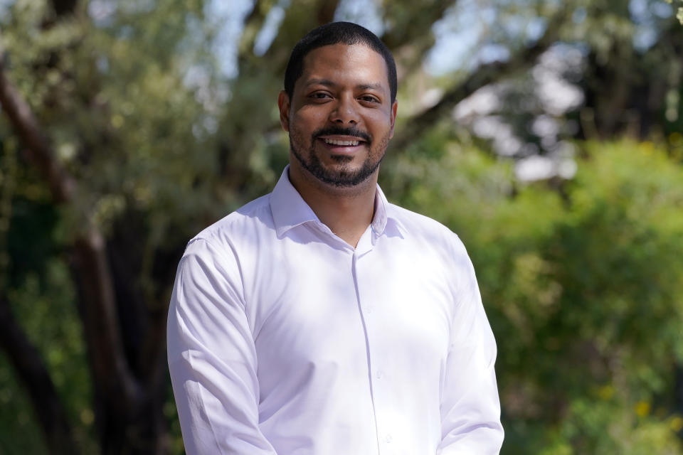 Democratic Congressional candidate Jevin Hodge stands for a photo, Wednesday, Oct. 12, 2022, in Scottsdale, Ariz. Hodge is trying t unseat U.S. Rep. David Schweikert, R-Ariz. in November. (AP Photo/Matt York)