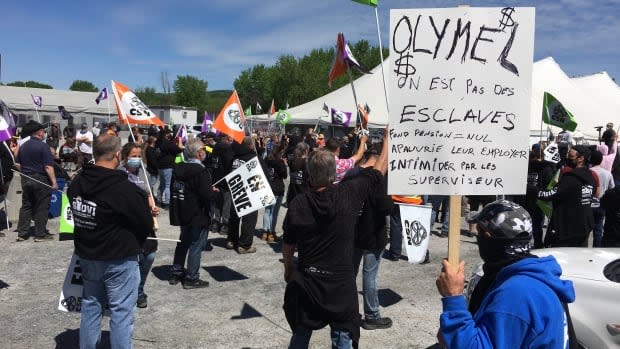 A striking worker outside an Olymel meat plant in Quebec's Beauce region holds a sign that says, 'We are not slaves.' Workers decry bad working conditions and low salaries in the strike that has lasted more than two months. (Sebastien Vachon/Radio-Canada - image credit)