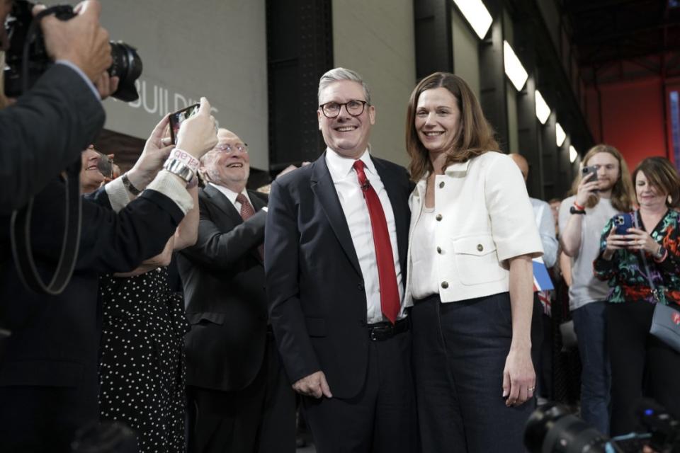 Labour leader Sir Keir Starmer and his wife Victoria are greeted by Neil Kinnock at the Tate Modern, central London, for a watch party for the results of the 2024 General Election in central London, as the party appears on course for a landslide win in the 2024 General Election. Credit PA