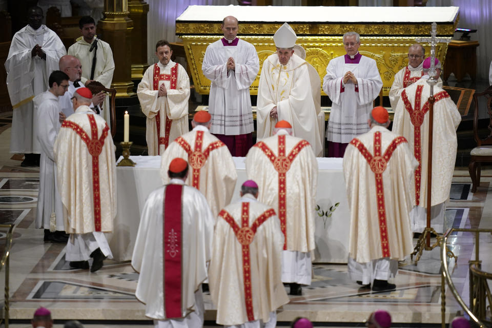 Pope Francis celebrates mass at the National Shrine of Saint Anne de Beaupre, Thursday, July 28, 2022, in Saint Anne de Beaupre, Quebec. Pope Francis crisscrossed Canada this week delivering long overdue apologies to the country's Indigenous groups for the decades of abuses and cultural destruction they suffered at Catholic Church-run residential schools. (AP Photo/John Locher)