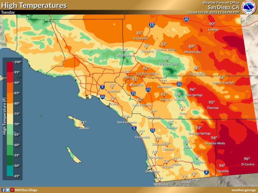 High temperatures on Tuesday. (Courtesy of National Weather Service)