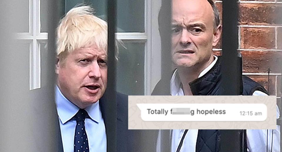'Totally f***ing hopeless': Dominic Cummings has leaked this message from Boris Johnson about Matt Hancock. (Getty Images/Dominic Cummings)