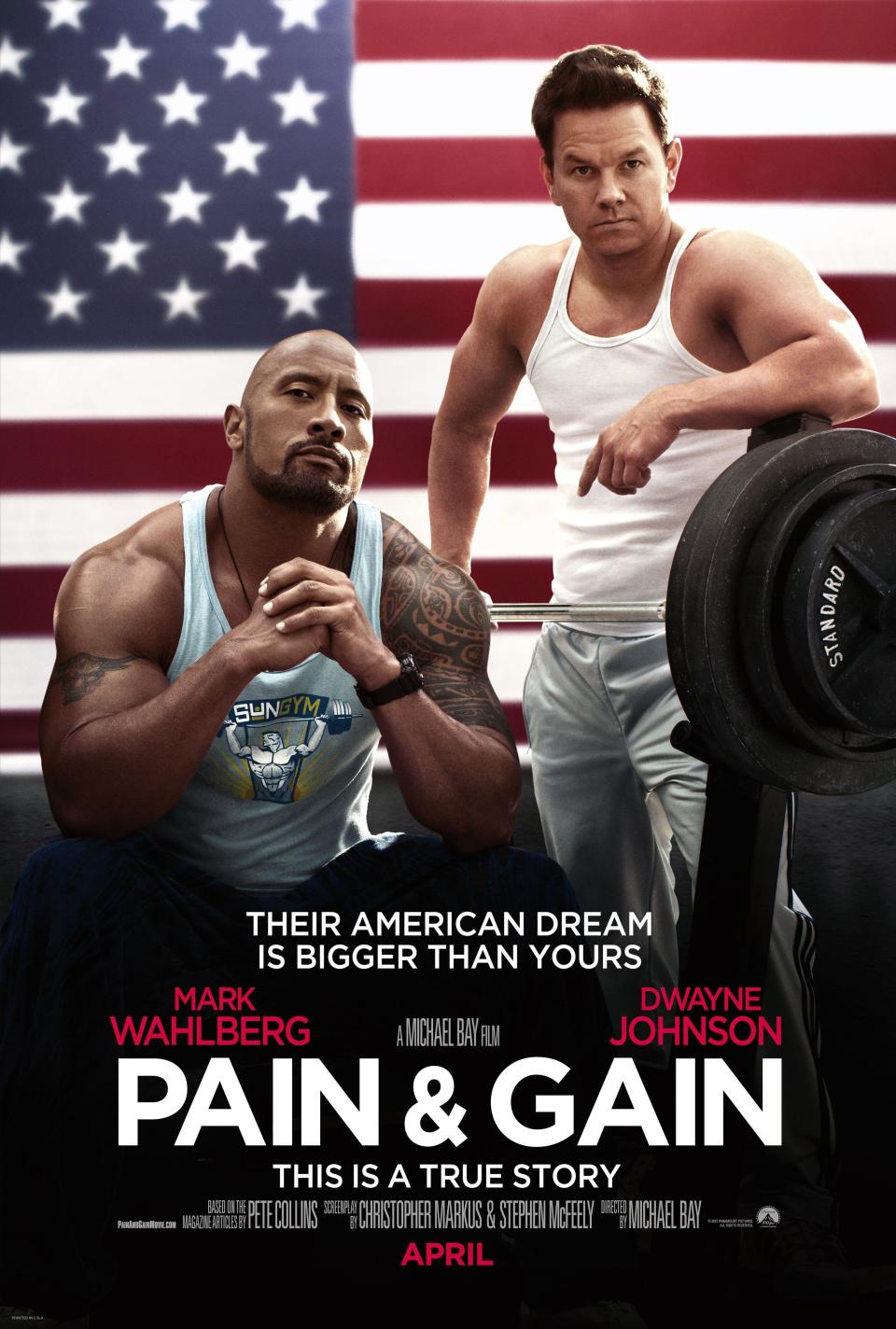 Poster image for the movie "Pain & Gain" depicting Dwayne "The Rock" Johnson and Mark Wahlberg sitting in front of the American flag