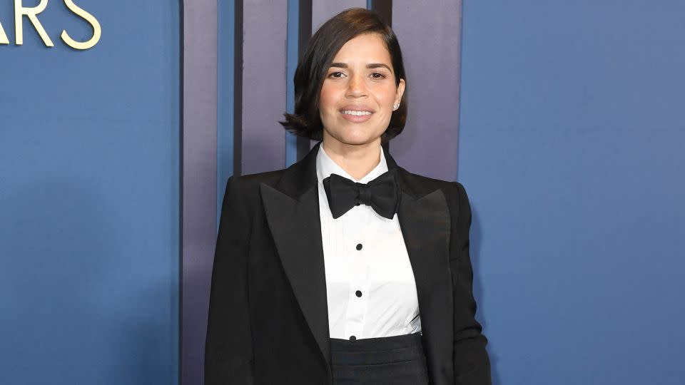 America Ferrera in her custom Moschino tuxedo. The Saint Laurent museum cite the look as being a "stylish garment not a fashionable garment." - Valerie Macon/AFP/Getty Images