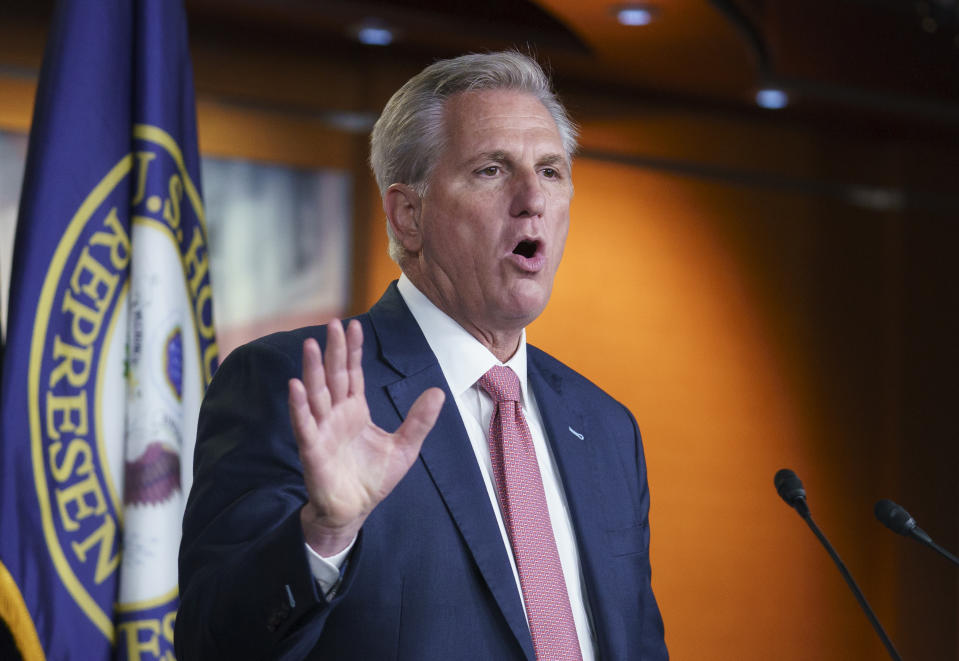 House Minority Leader Kevin McCarthy, R-Calif., criticizes Democrats on immigration policy during his weekly news conference at the Capitol in Washington, Thursday, March 18, 2021. He also said that Rep. Eric Swalwell, D-Calif., should be removed from the House Intelligence Committee. (AP Photo/J. Scott Applewhite)