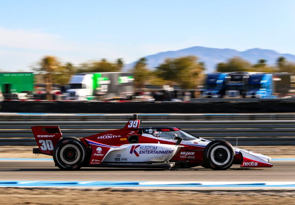 Jack Harvey of Rahal Letterman Lanigan Racing runs during day two of NTT IndyCar Series open testing at The Thermal Club in Thermal, Calif., Friday, Feb. 3, 2023.