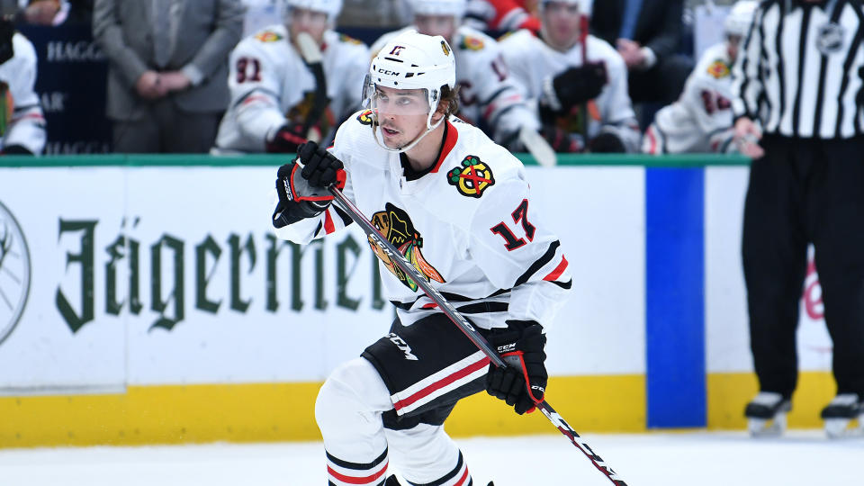 DALLAS, TX - FEBRUARY 23: Dylan Strome #17 of the Chicago Blackhawks skates against the Dallas Stars at the American Airlines Center on February 23, 2020 in Dallas, Texas. (Photo by Glenn James/NHLI via Getty Images)