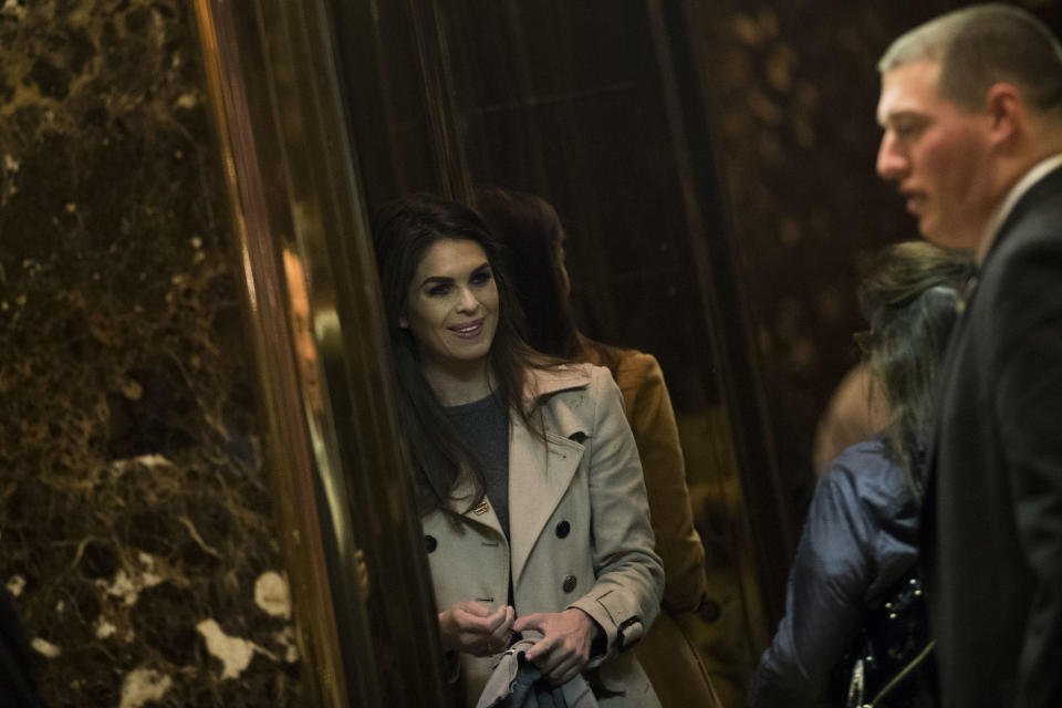 Hope Hicks, press secretary for the Trump campaign, gets into an elevator at Trump Tower, November 15, 2016 in New York City.