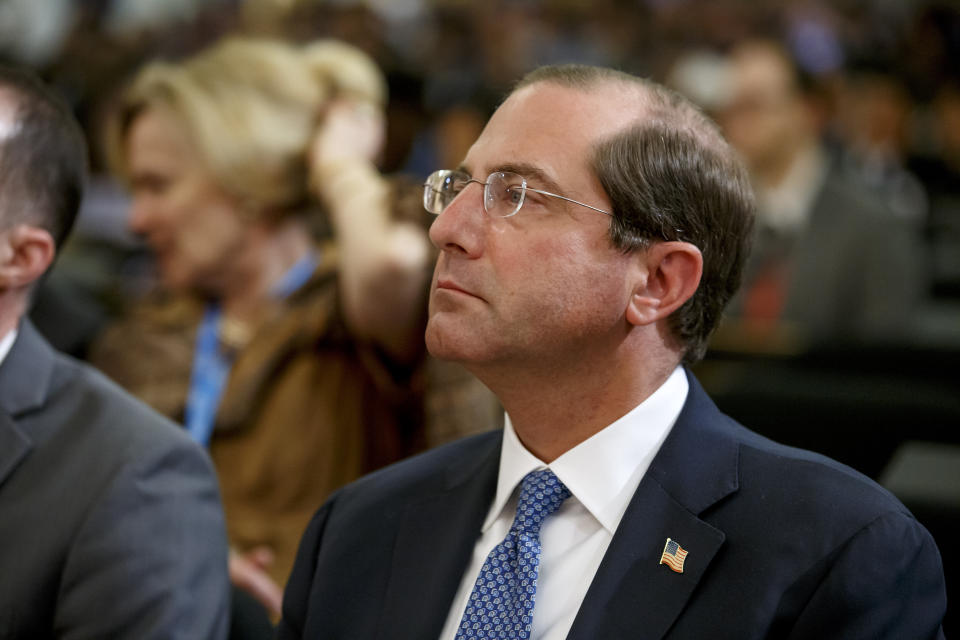 US Secretary of Health and Human Services Alex Azar attends the first day of the 72nd World Health Assembly at the European headquarters of the United Nations in Geneva, Switzerland, Monday May 20, 2019. (Salvatore Di Nolfi/Keystone via AP)