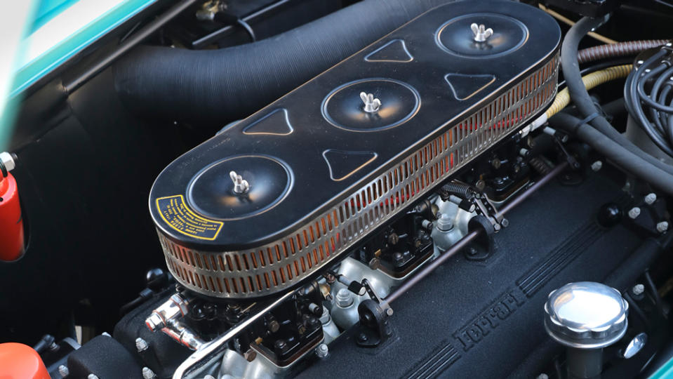 The 3.0-liter V-12 engine, designed by Gioacchino Colombo, inside a 1962 Ferrari 250 GT SWB California Spider.