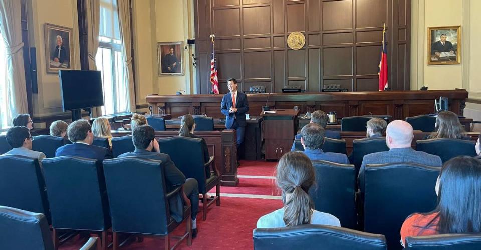 Ryan Park speaks to summer interns from the North Carolina Court of Appeals in 2023 about his job as North Carolina’s solicitor general and the state’s Constitution.