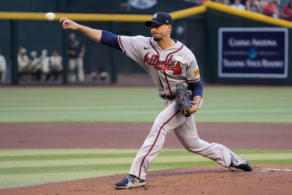 Atlanta Braves starting pitcher Charlie Morton (50) pitches against the Arizona Diamondbacks during the first inning on June 2, 2023, at Chase Field in Phoenix.