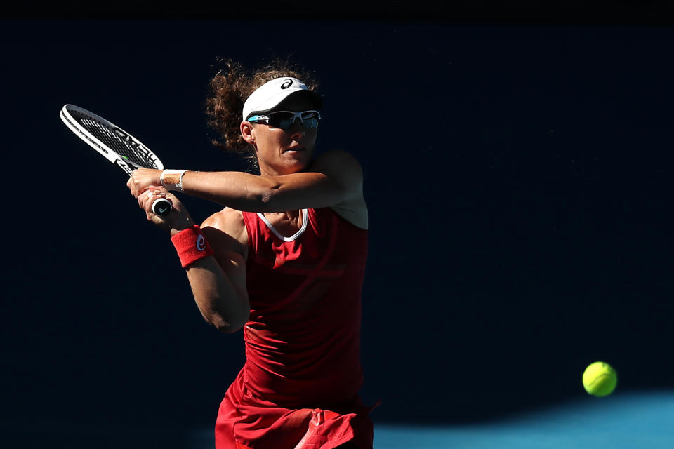 Samantha Stosur plays a backhand in her match against Marie Bouzkova during day one of the WTA 500 Yarra Valley Classic at Melbourne Park on January 31, 2021 in Melbourne, Australia.