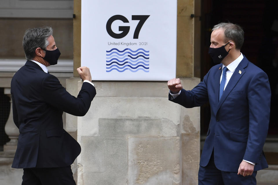 <p>US Secretary of State Antony Blinken, left, is greeted by Britain's Foreign Secretary Dominic Raab at the start of the G7 foreign ministers meeting in London Tuesday May 4, 2021.  G7 foreign ministers meet in London Tuesday for their first face-to-face talks in more than two years. (Ben Stansall / Pool via AP)</p>
