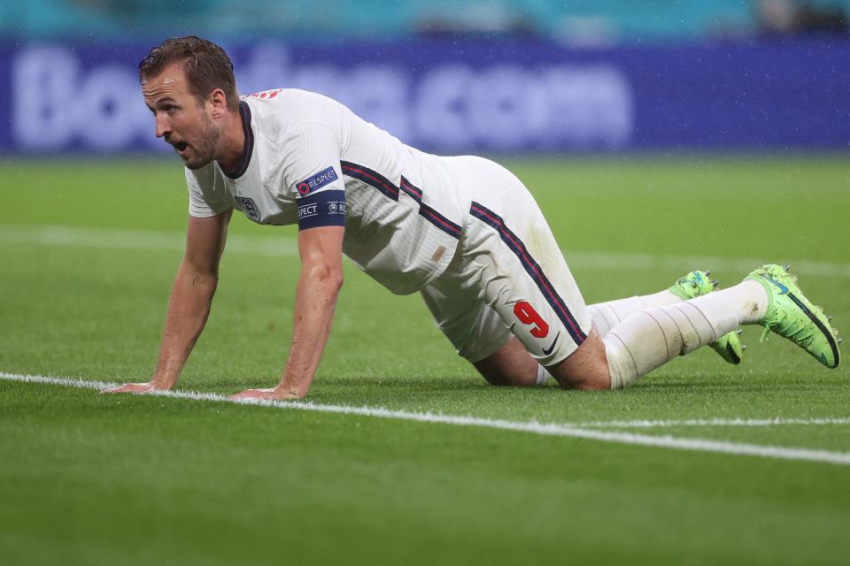 Harry Kane falls to the ground against Scotland (Getty)