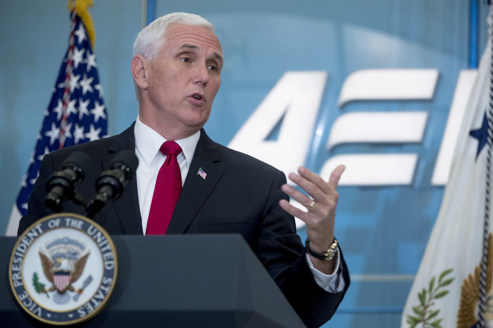 Vice President Mike Pence speaks on tax reform at the American Enterprise Institute, Tuesday, Oct. 24, 2017, in Washington. (AP Photo/Andrew Harnik)