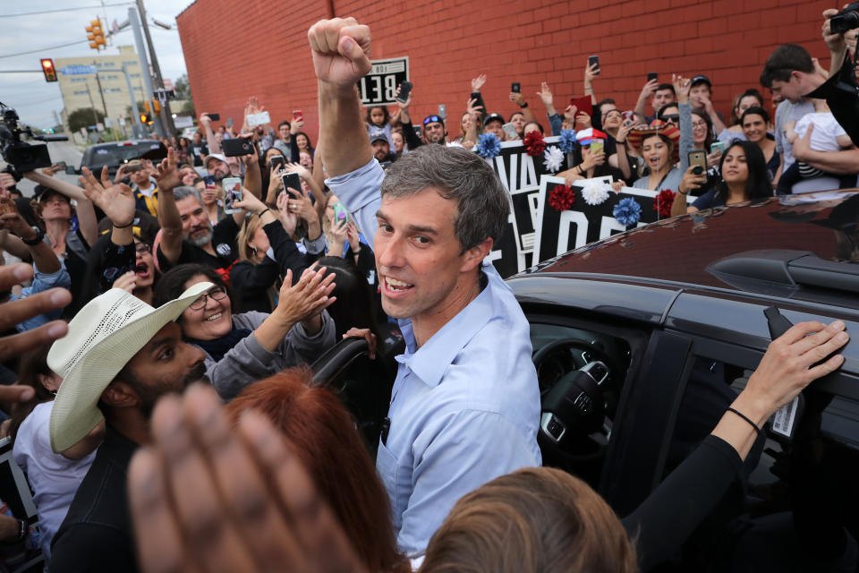 Senate candidate and Rep. Beto O’Rourke, D-Texas, pumps his fist for a cheering crowd before departing a campaign rally at the Alamo City Music Hall on Sunday in San Antonio, Texas. (Photo: Chip Somodevilla/Getty Images)