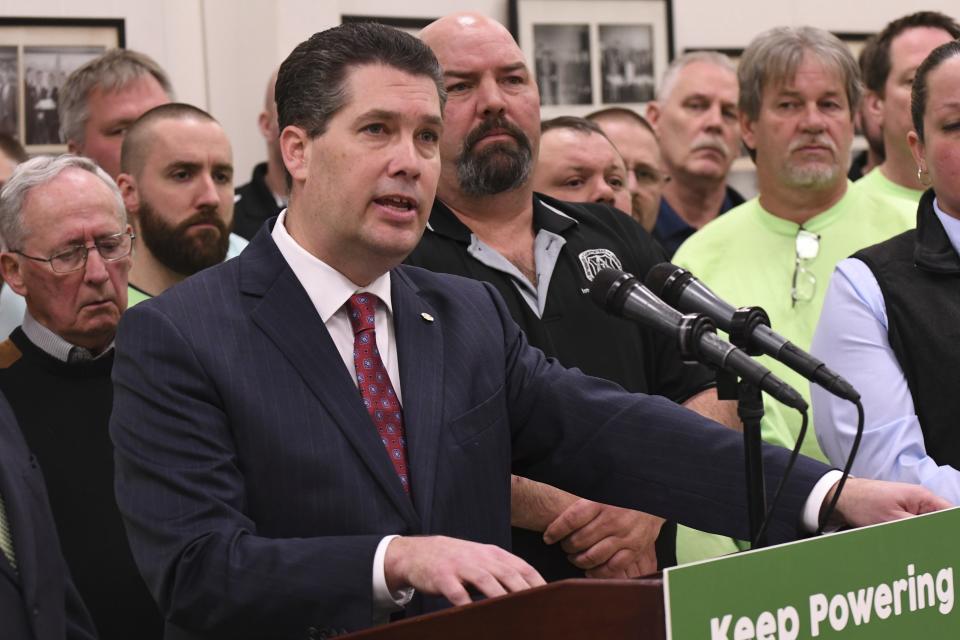 At a news conference at an Ironworkers union hall, Pennsylvania lawmaker Rep. Thomas Mehaffie discusses legislation he is introducing to pump hundreds of millions of ratepayer dollars into the state's five nuclear power plants, Monday, March 11, 2019, in Harrisburg, Pa. (AP Photo/Marc Levy)