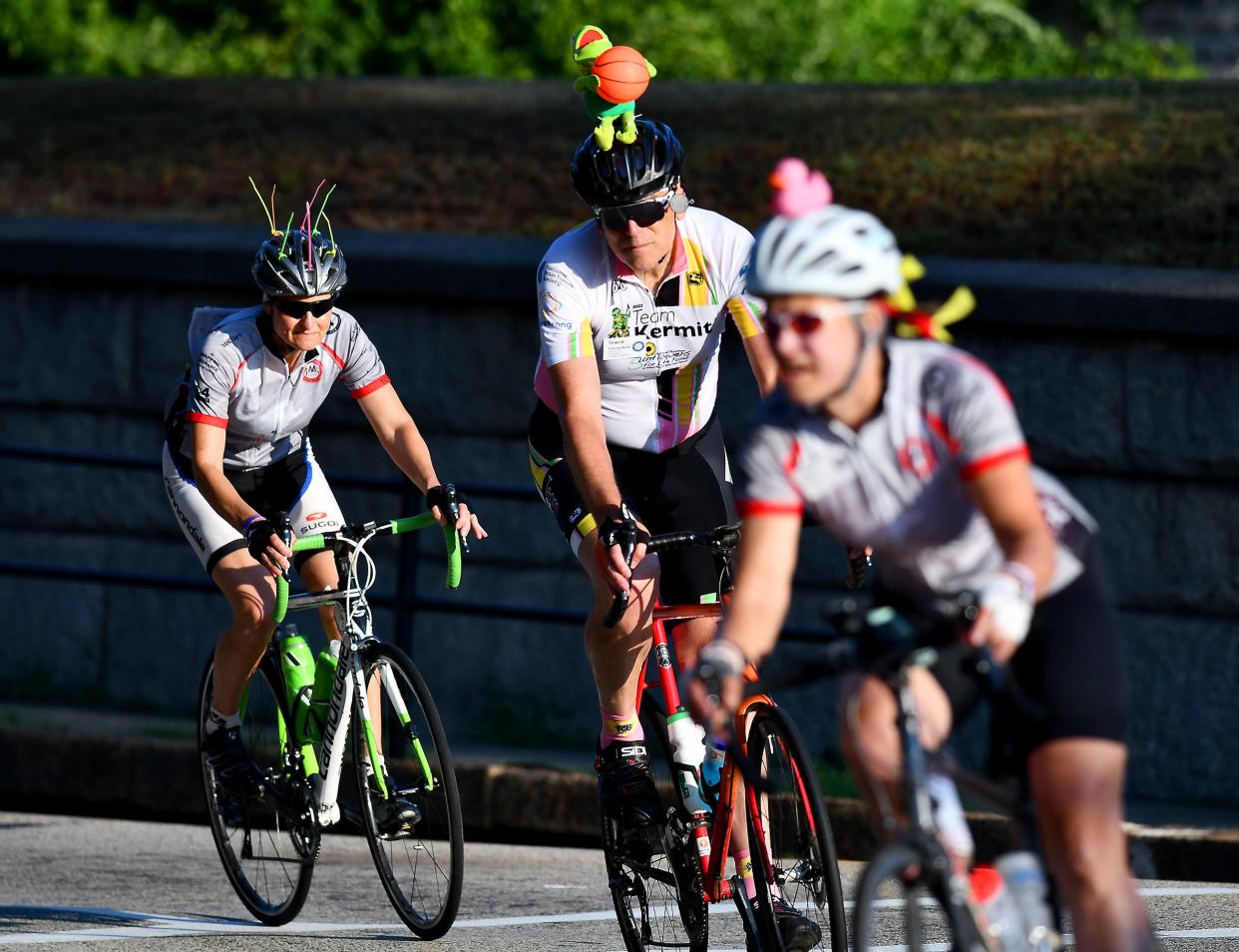 In the 2022 Pan-Mass Challenge, riders make their way through Whitinsville.