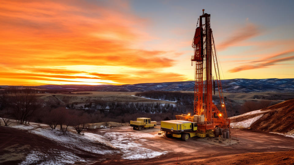 A drilling rig lit up by the setting sun, against a backdrop of outdoor exploration in Colorado and Wyoming.