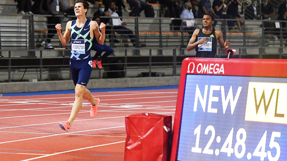 Jakob Ingebrigtsen, pictured here celebrating after winning the 5000m at the Diamond League meeting in Florence.