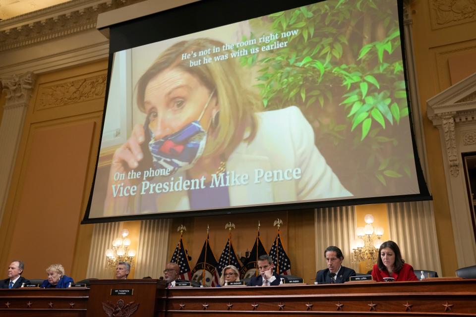 House Speaker Rep. Nancy Pelosi, (R), Ca., appears in video footage during the Oct. 13, 2022 hearing of the committee to investigate the January 6 attack on the United States Capitol in Washington DC.