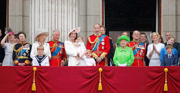 <div class="inline-image__caption"><p>Zara Phillips, Princess Anne, The Princess Royal, Camilla, Duchess of Cornwall, Prince Charles, Prince of Wales, Catherine, Duchess of Cambridge, Princess Charlotte of Cambridge, Prince George of Cambridge, Prince William, Duke of Cambridge, Prince Harry, Queen Elizabeth II, Prince Philip, Duke of Edinburgh, Peter Phillips, Sophie, Countess of Wessex, James, Viscount Severn, Lady Louise Windsor, and Prince Andrew, Duke of York watch the flypast from the balcony of Buckingham Palace during Trooping the Colour, this year marking the Queen's 90th birthday on June 11, 2016 in London, England.</p></div> <div class="inline-image__credit">Max Mumby/Indigo/Getty Images</div>