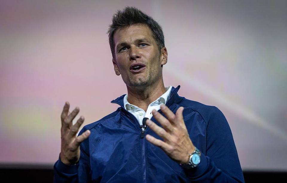 Tom Brady delivering keynote remarks at eMerge Americas 2023 in the Miami Beach Convention Center on April 20, 2023. (Jose A. Iglesias/Miami Herald/Tribune News Service via Getty Images)