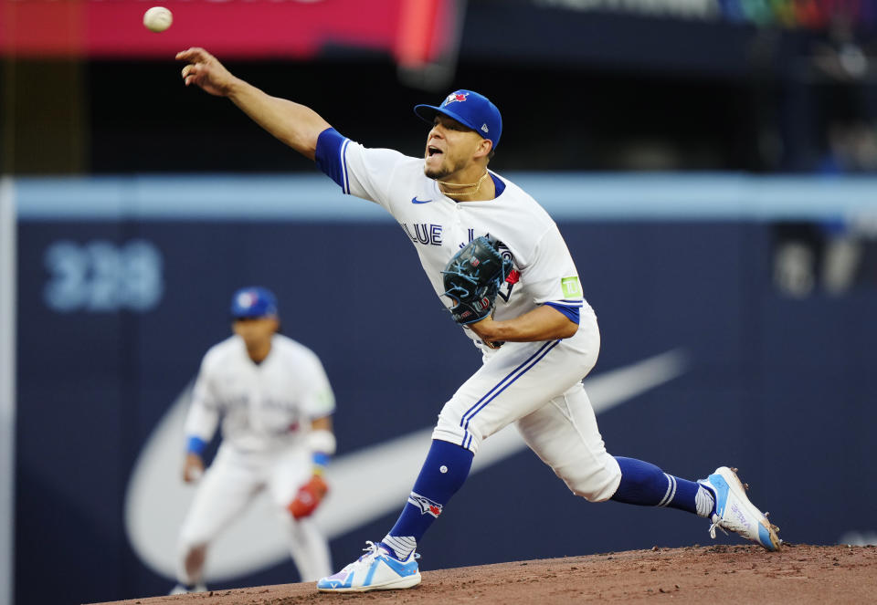 Toronto Blue Jays starting pitcher Jose Berrios works against the Washington Nationals during the first inning of a baseball game Tuesday, Aug. 29, 2023, in Toronto. (Frank Gunn/The Canadian Press via AP)