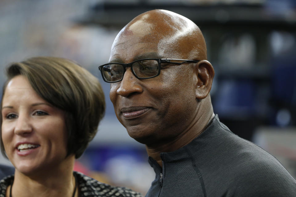 FILE - In this Dec. 15, 2019, file photo, former NFL running back Eric Dickerson is pictured before an NFL football game between the Los Angeles Rams and the Dallas Cowboys in Arlington, Texas. Dickerson was the second pick of the 1983 draft by the Rams. (AP Photo/Michael Ainsworth, File)