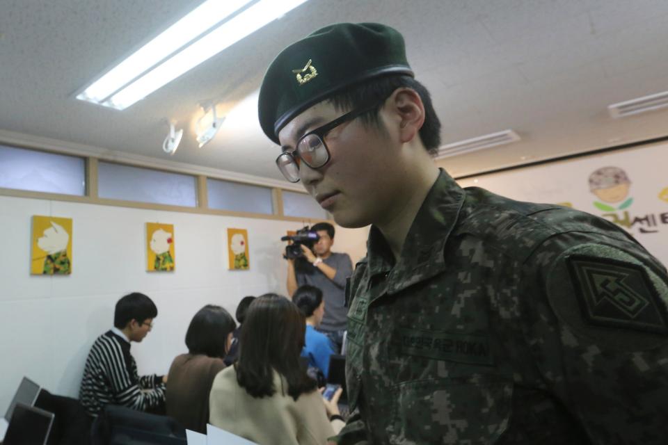 Byun Hui-su leaves after a press conference at the Center for Military Human Right Korea in Seoul (AP)