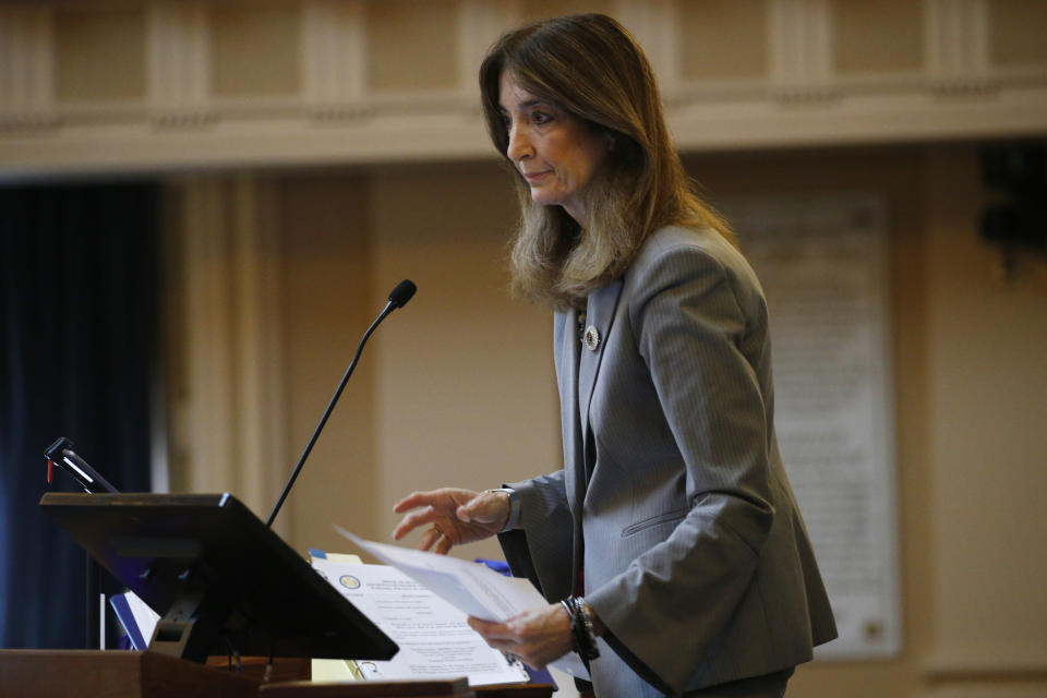 FILE - House speaker Eileen Filler-Corn D-Fairfax, prepares to gavel the House into session at the Capitol, Feb. 26, 2020, in Richmond, Va. Former Virginia House Speaker Filler-Corn has decided against a bid for governor in 2025 and will instead run next year to represent the competitive northern Virginia congressional. She discussed her decision with The Associated Press Tuesday, Oct. 17, 2023, before filing official paperwork. (AP Photo/Steve Helber, File)