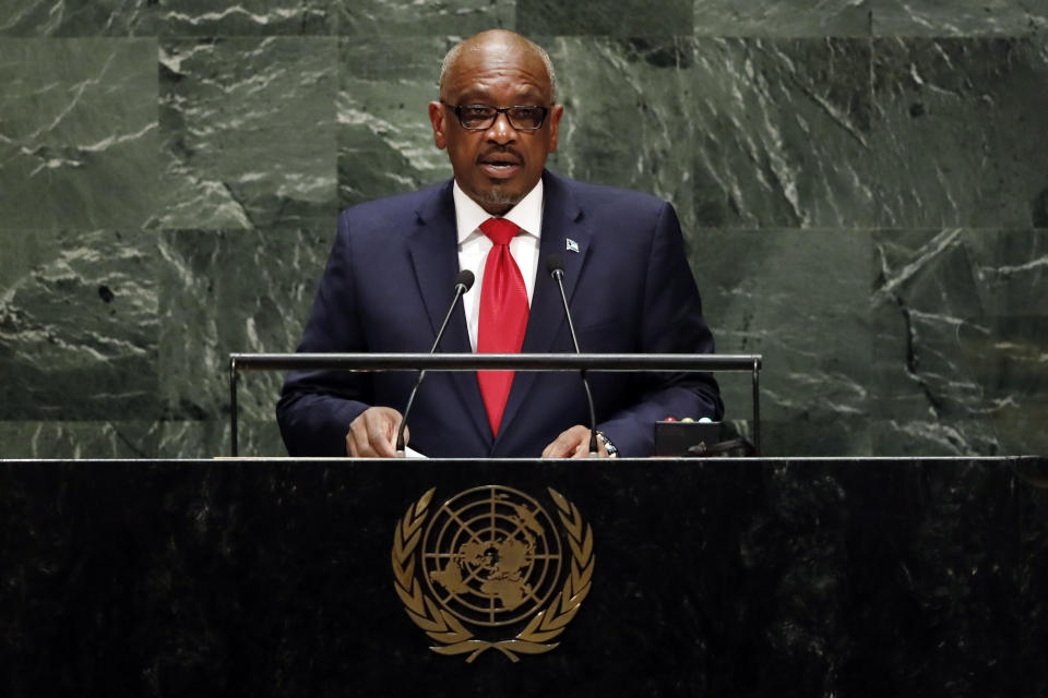 Hubert Alexander Minnis, Prime Minister of Bahamas, addresses the 74th session of the United Nations General Assembly, Friday, Sept. 27, 2019. (AP Photo/Richard Drew)