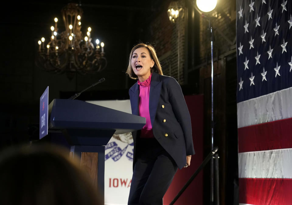 Iowa Gov. Kim Reynolds speaks during a rally with presidential candidate Florida Gov. Ron DeSantis, Monday, Nov. 6, 2023, in Des Moines, Iowa. (AP Photo/Bryon Houlgrave)